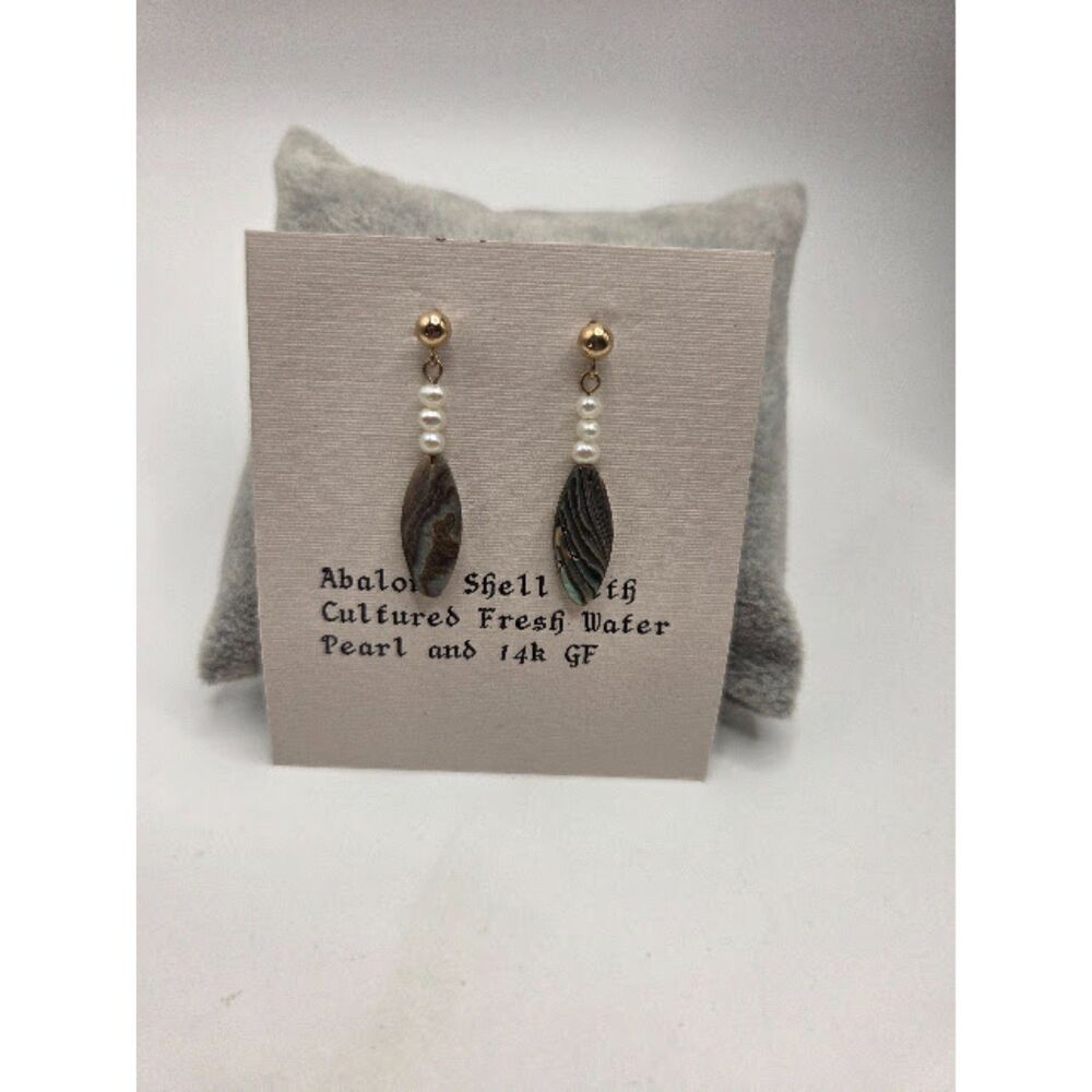 1915. Handcrafted Marquise Abalone Shell & Freshwater Pearl Drop Earrings